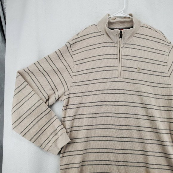 IZOD Sweater Men's Long Sleeve Striped 1/4 Zip Pullover High Neck Tan Large - Picture 4 of 12